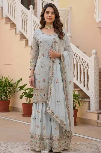 Grey Faux Georgette Multi Thread Work Wedding Wear Sharara Set