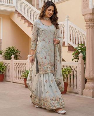 Grey Faux Georgette Multi Thread Work Wedding Wear Sharara Set 3