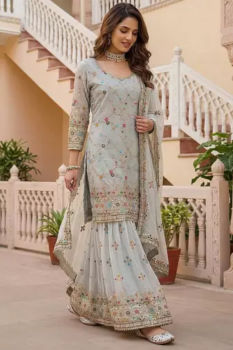 Grey Faux Georgette Multi Thread Work Wedding Wear Sharara Set
