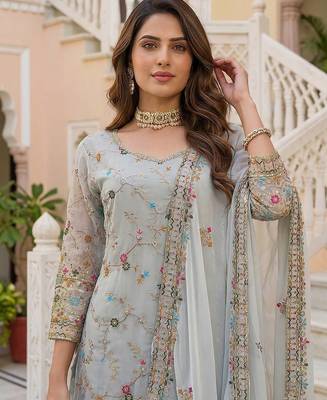 Grey Faux Georgette Multi Thread Work Wedding Wear Sharara Set 4
