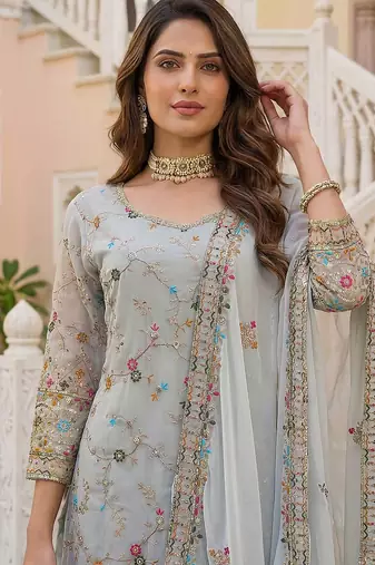 Grey Faux Georgette Multi Thread Work Wedding Wear Sharara Set