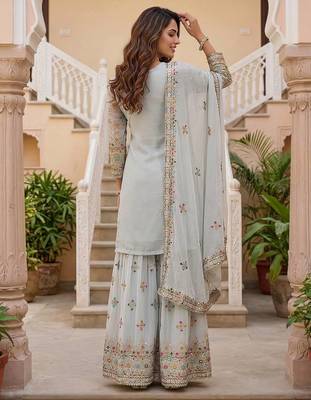 Grey Faux Georgette Multi Thread Work Wedding Wear Sharara Set 5