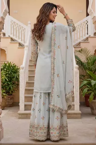 Grey Faux Georgette Multi Thread Work Wedding Wear Sharara Set