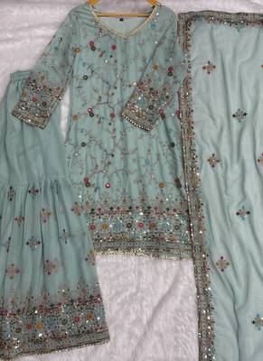 Grey Faux Georgette Multi Thread Work Wedding Wear Sharara Set 5