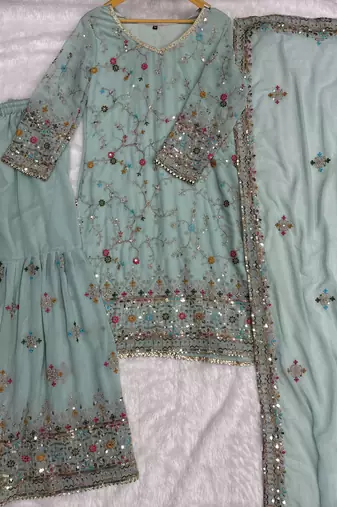 Grey Faux Georgette Multi Thread Work Wedding Wear Sharara Set