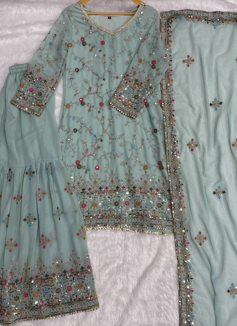 Grey Faux Georgette Multi Thread Work Wedding Wear Sharara Set