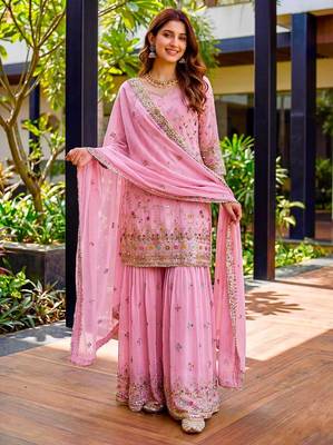 Pink Faux Georgette Multi Thread Work Wedding Wear Sharara Set 1