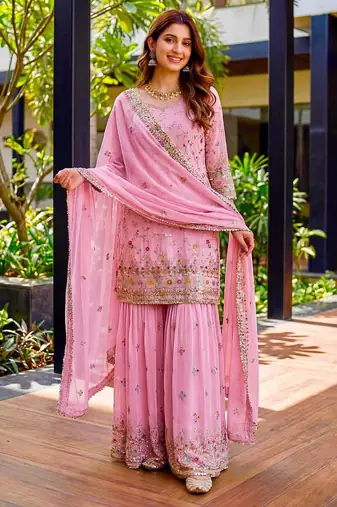 Pink Faux Georgette Multi Thread Work Wedding Wear Sharara Set