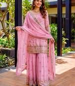 Pink Faux Georgette Multi Thread Work Wedding Wear Sharara Set