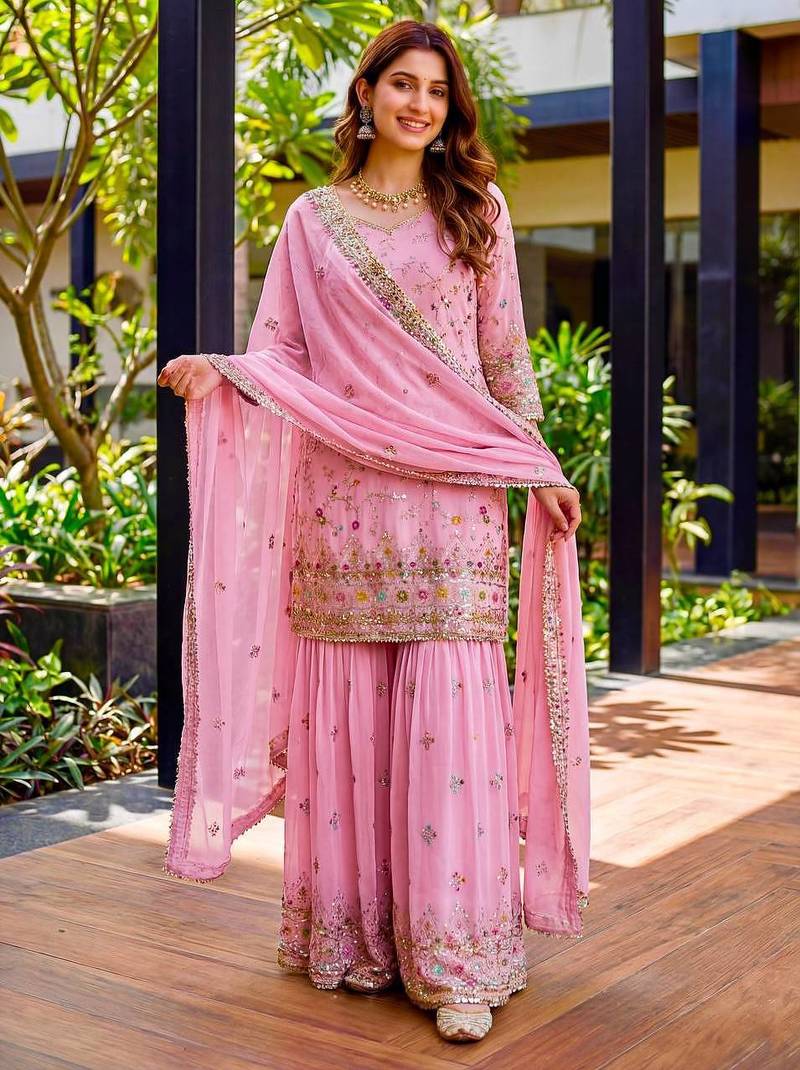 Pink Faux Georgette Multi Thread Work Wedding Wear Sharara Set
