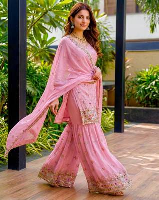 Pink Faux Georgette Multi Thread Work Wedding Wear Sharara Set 2