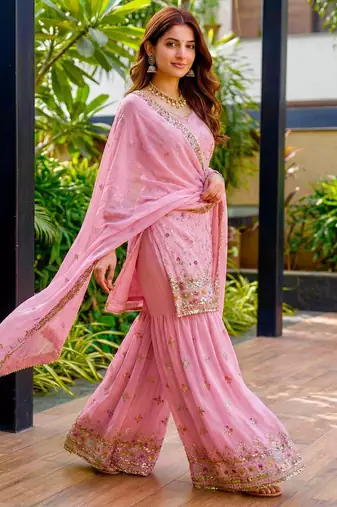 Pink Faux Georgette Multi Thread Work Wedding Wear Sharara Set