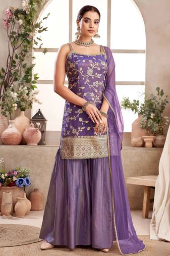 Womens Purple Color Banarasi Silk Kurta Sharara Set 