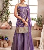 Womens Purple Color Banarasi Silk Kurta Sharara Set 