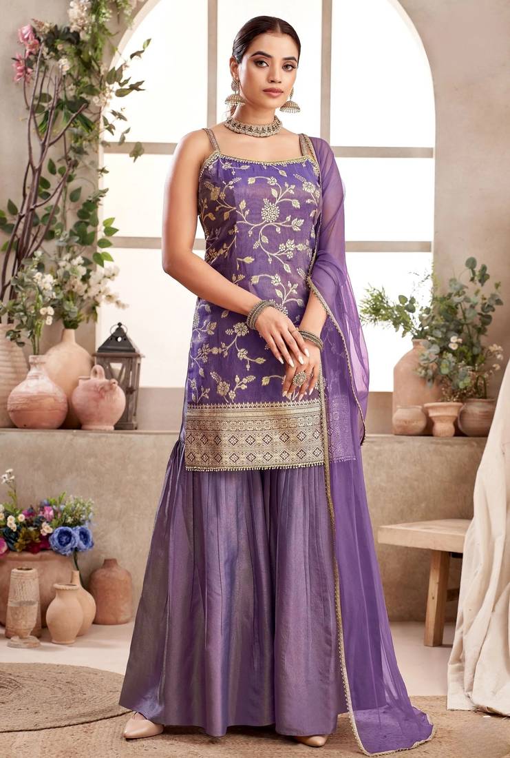 Womens Purple Color Banarasi Silk Kurta Sharara Set 