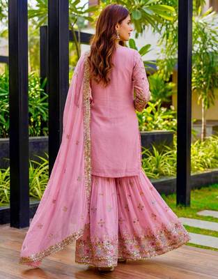 Pink Faux Georgette Multi Thread Work Wedding Wear Sharara Set 3