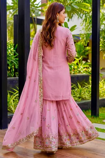 Pink Faux Georgette Multi Thread Work Wedding Wear Sharara Set