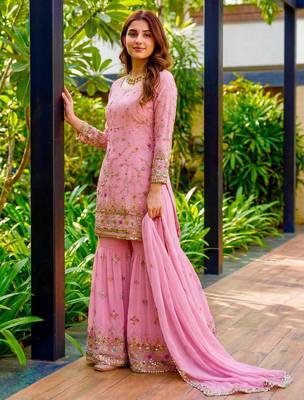 Pink Faux Georgette Multi Thread Work Wedding Wear Sharara Set 4