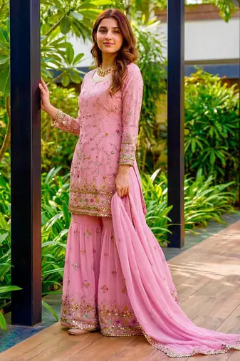 Pink Faux Georgette Multi Thread Work Wedding Wear Sharara Set