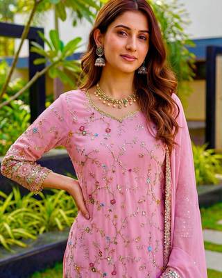 Pink Faux Georgette Multi Thread Work Wedding Wear Sharara Set 5