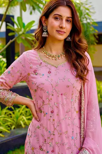 Pink Faux Georgette Multi Thread Work Wedding Wear Sharara Set