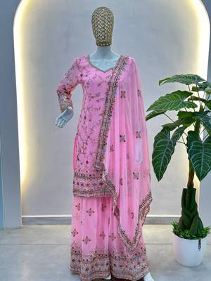 Pink Faux Georgette Multi Thread Work Wedding Wear Sharara Set 5