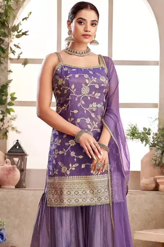 Womens Purple Color Banarasi Silk Kurta Sharara Set 