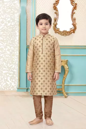 Beige festive wear designer silk boys-kurta-pyjama