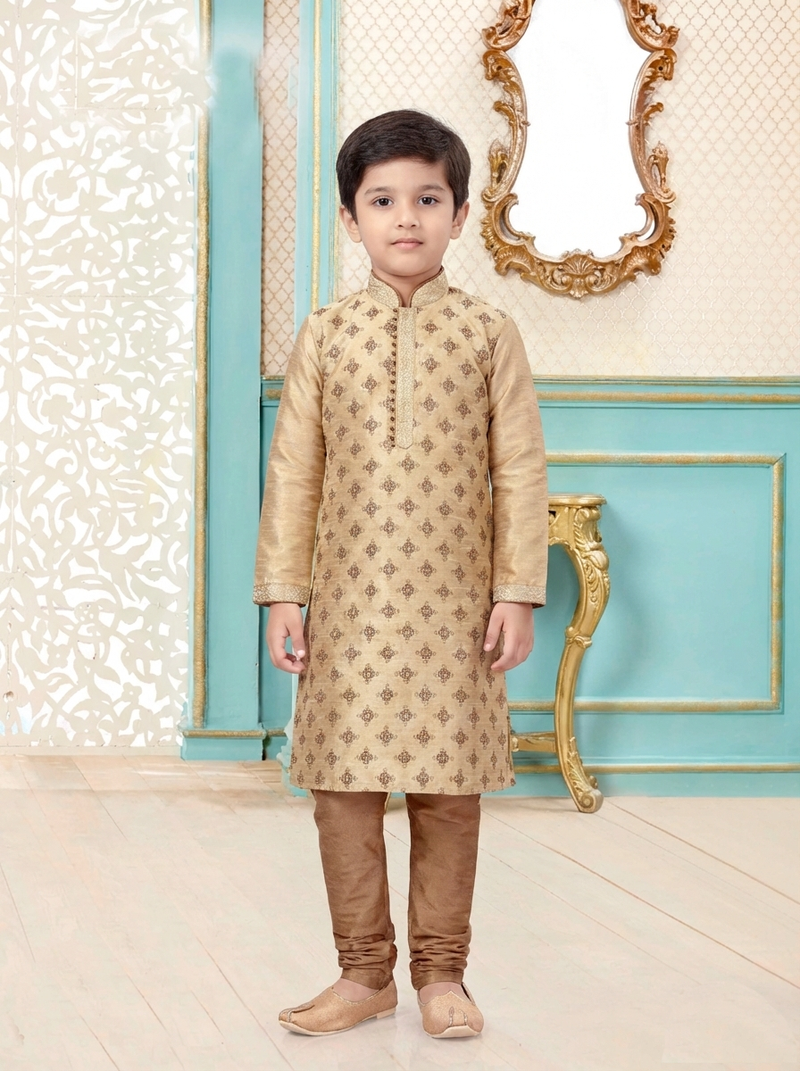 Beige festive wear designer silk boys-kurta-pyjama