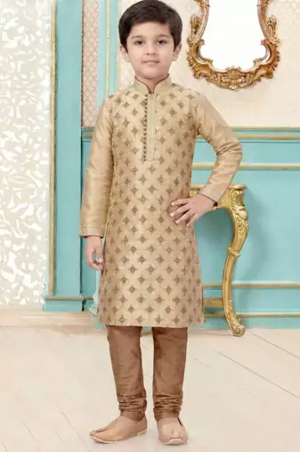 Beige festive wear designer silk boys-kurta-pyjama