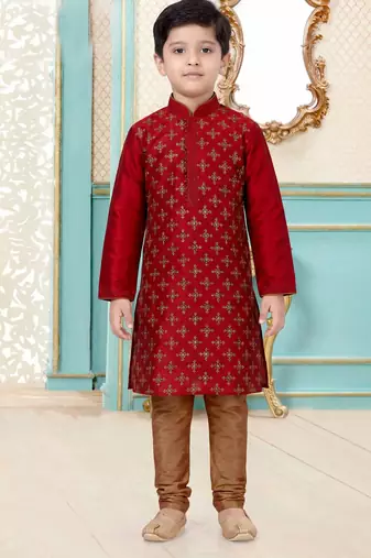 Maroon festive wear designer silk boys-kurta-pyjama