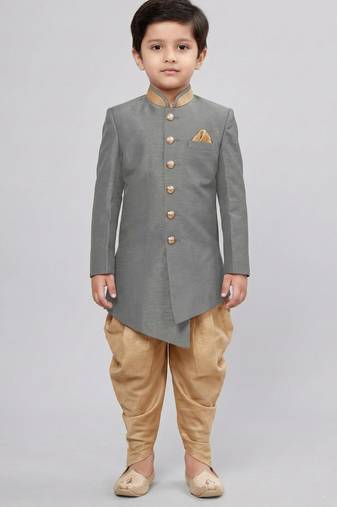 Grey festive wear designer art dupion silk boys-indo-western-dress