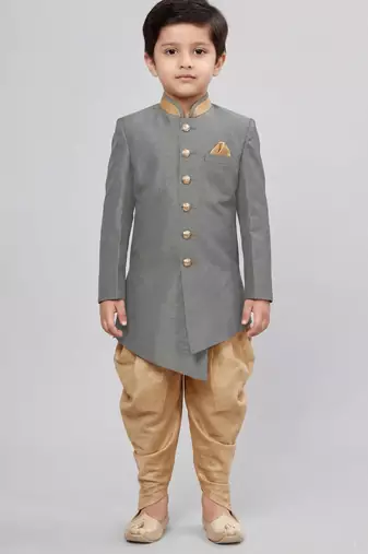 Grey festive wear designer art dupion silk boys-indo-western-dress