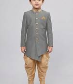 Grey festive wear designer art dupion silk boys-indo-western-dress