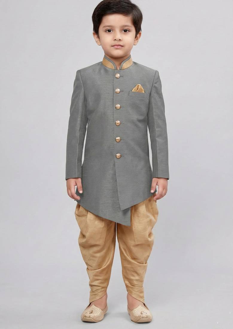 Grey festive wear designer art dupion silk boys-indo-western-dress