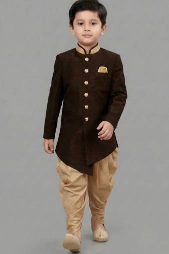 Brown festive wear designer art dupion silk boys-indo-western-dress