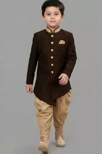 Brown festive wear designer art dupion silk boys-indo-western-dress