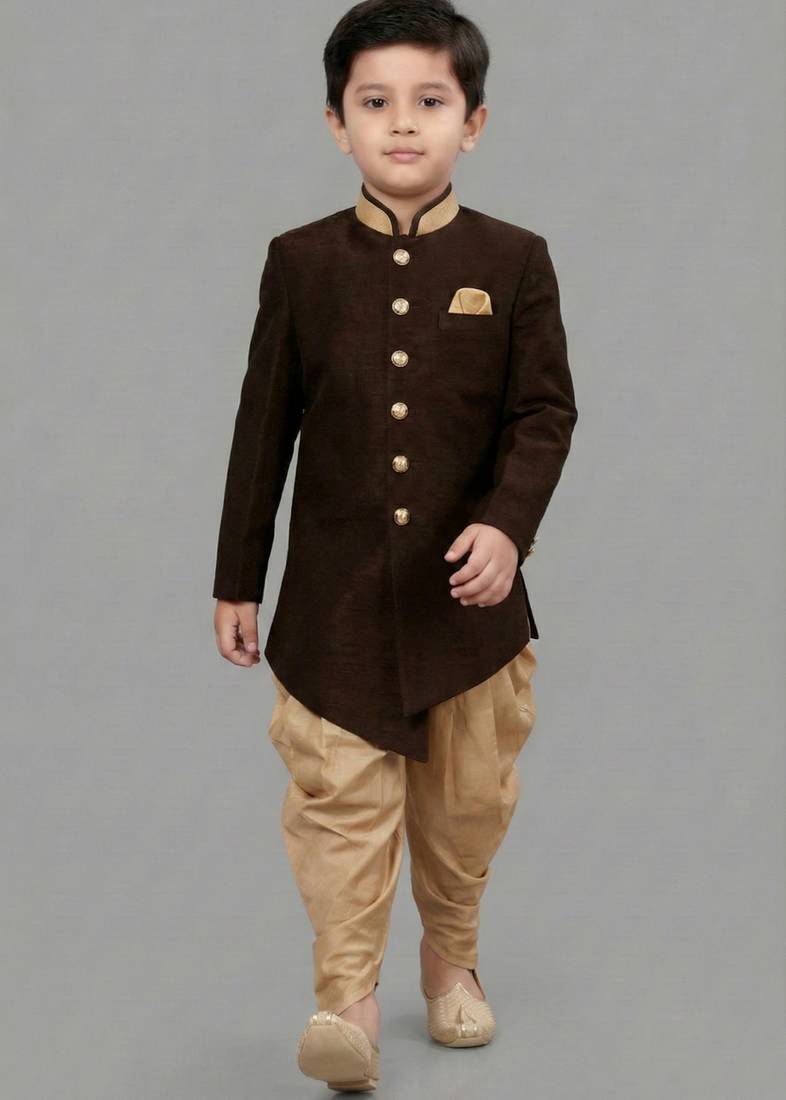 Brown festive wear designer art dupion silk boys-indo-western-dress
