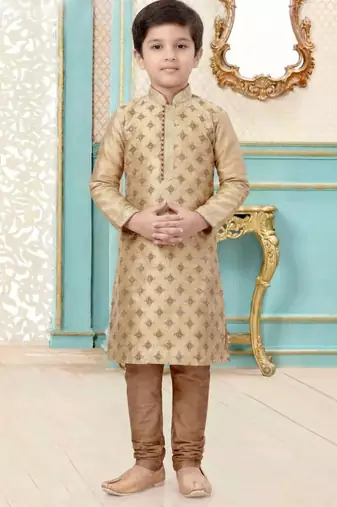 Beige festive wear designer silk boys-kurta-pyjama