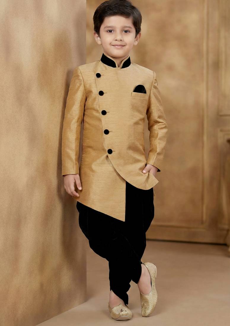 Brown festive wear designer art dupion silk boys-indo-western-dress