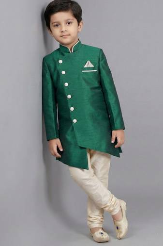 Green festive wear designer art dupion silk boys-indo-western-dress