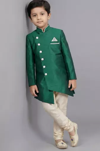 Green festive wear designer art dupion silk boys-indo-western-dress