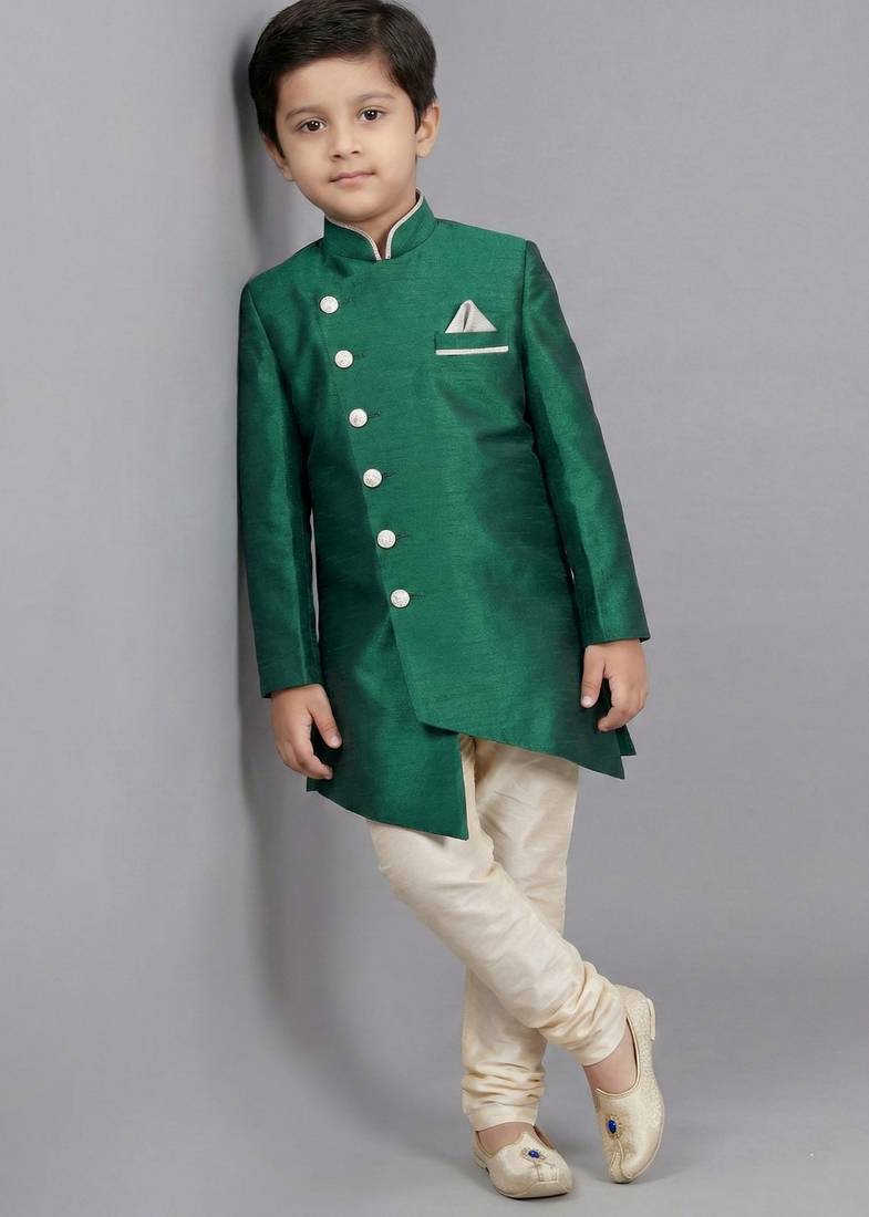 Green festive wear designer art dupion silk boys-indo-western-dress
