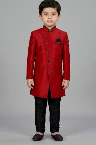 Red festive wear designer art dupion silk boys-indo-western-dress