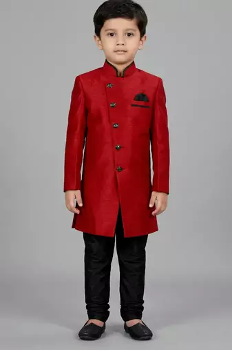 Red festive wear designer art dupion silk boys-indo-western-dress
