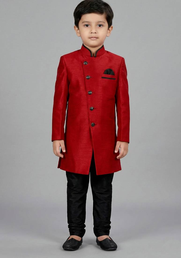 Red festive wear designer art dupion silk boys-indo-western-dress