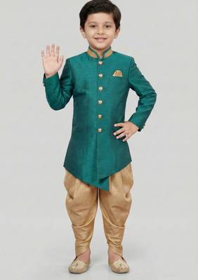 Green festive wear designer art dupion silk boys-indo-western-dress 1