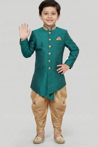 Green festive wear designer art dupion silk boys-indo-western-dress