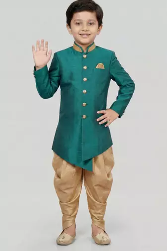 Green festive wear designer art dupion silk boys-indo-western-dress