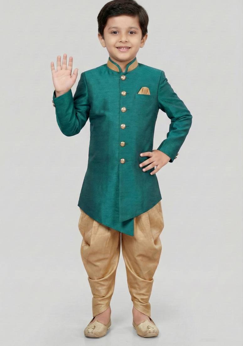 Green festive wear designer art dupion silk boys-indo-western-dress